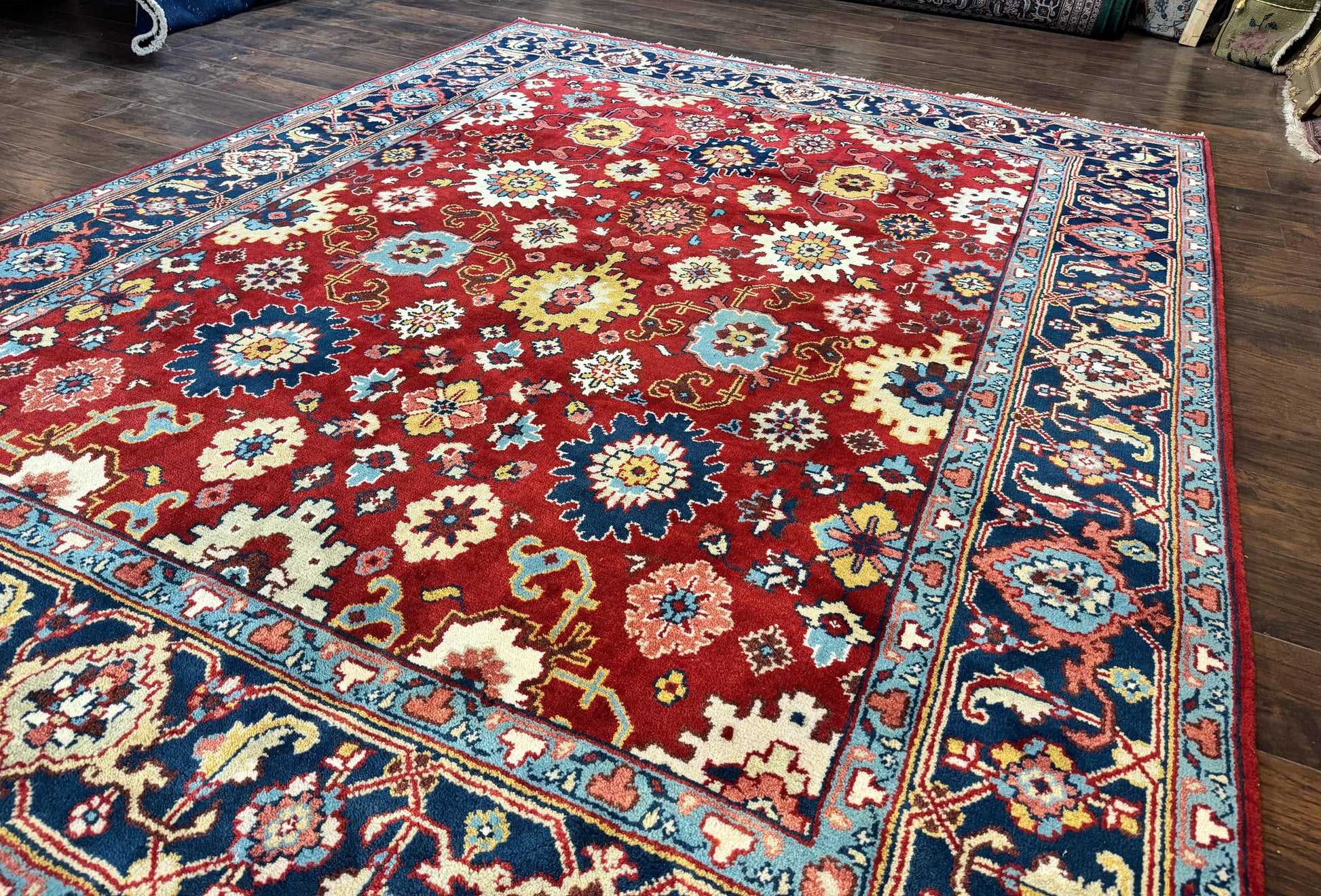 Indo Heriz Rug 8x10, Red and Navy Blue, Allover Pattern, Wool Handmade Carpet - Nuvé