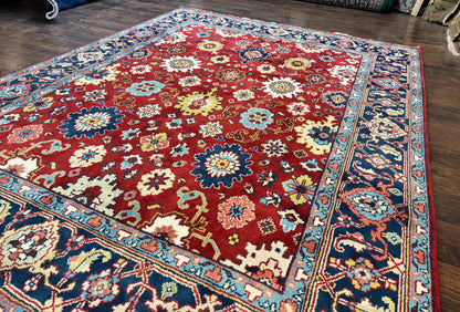 Indo Heriz Rug 8x10, Red and Navy Blue, Allover Pattern, Wool Handmade Carpet - Nuvé