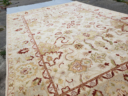 Vintage Oushak Area Rug, Hand-Knotted, Wool, Cream Beige Maroon, 10x15 Rug, 10x14 Rug, Large Oriental Carpet - Nuvé