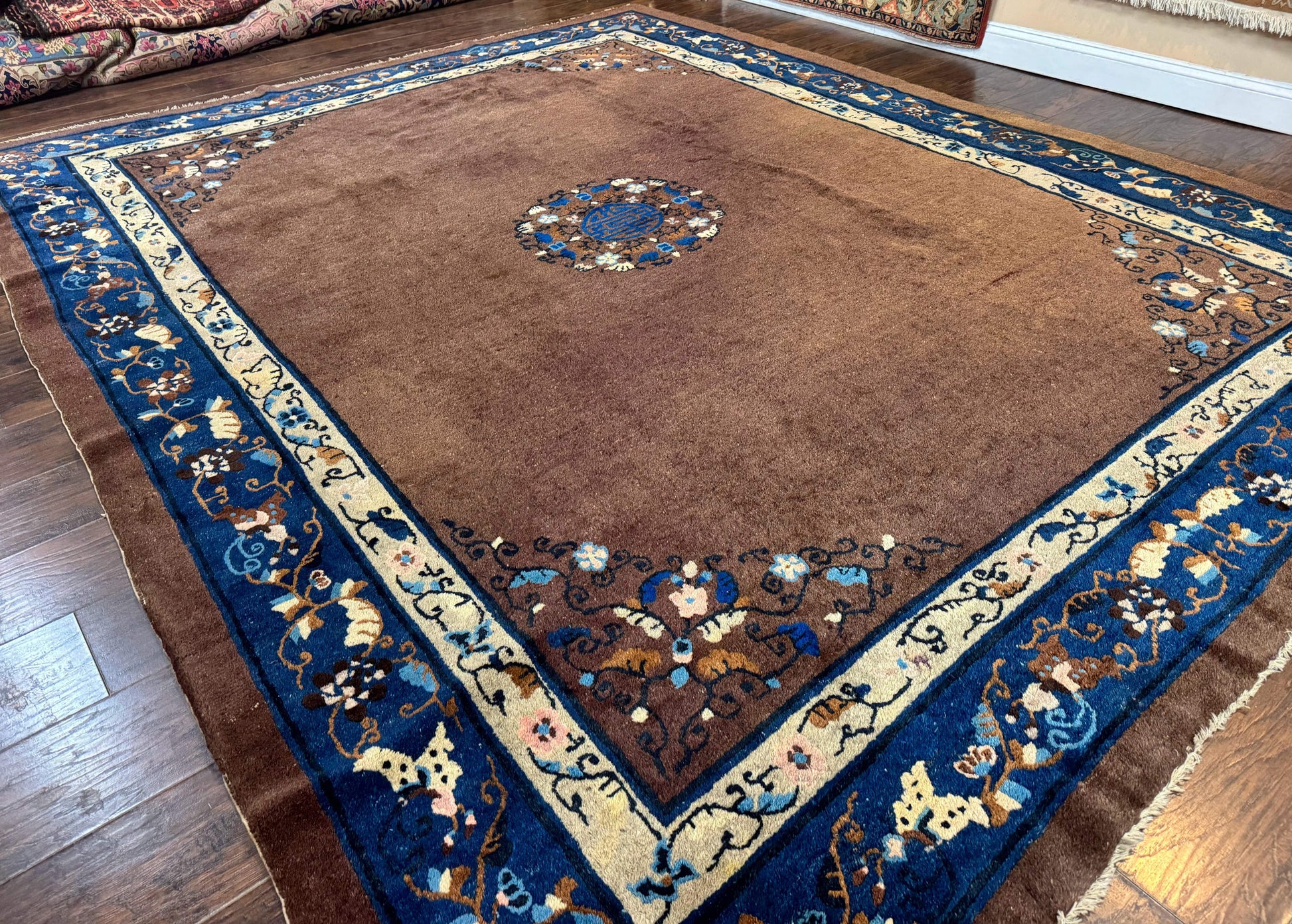 Antique Chinese Wool Rug 9x11, Large Chinese Art Deco Rug, Peking Rug, Brown and Blue, Open Field, Fete Rug - Nuvé
