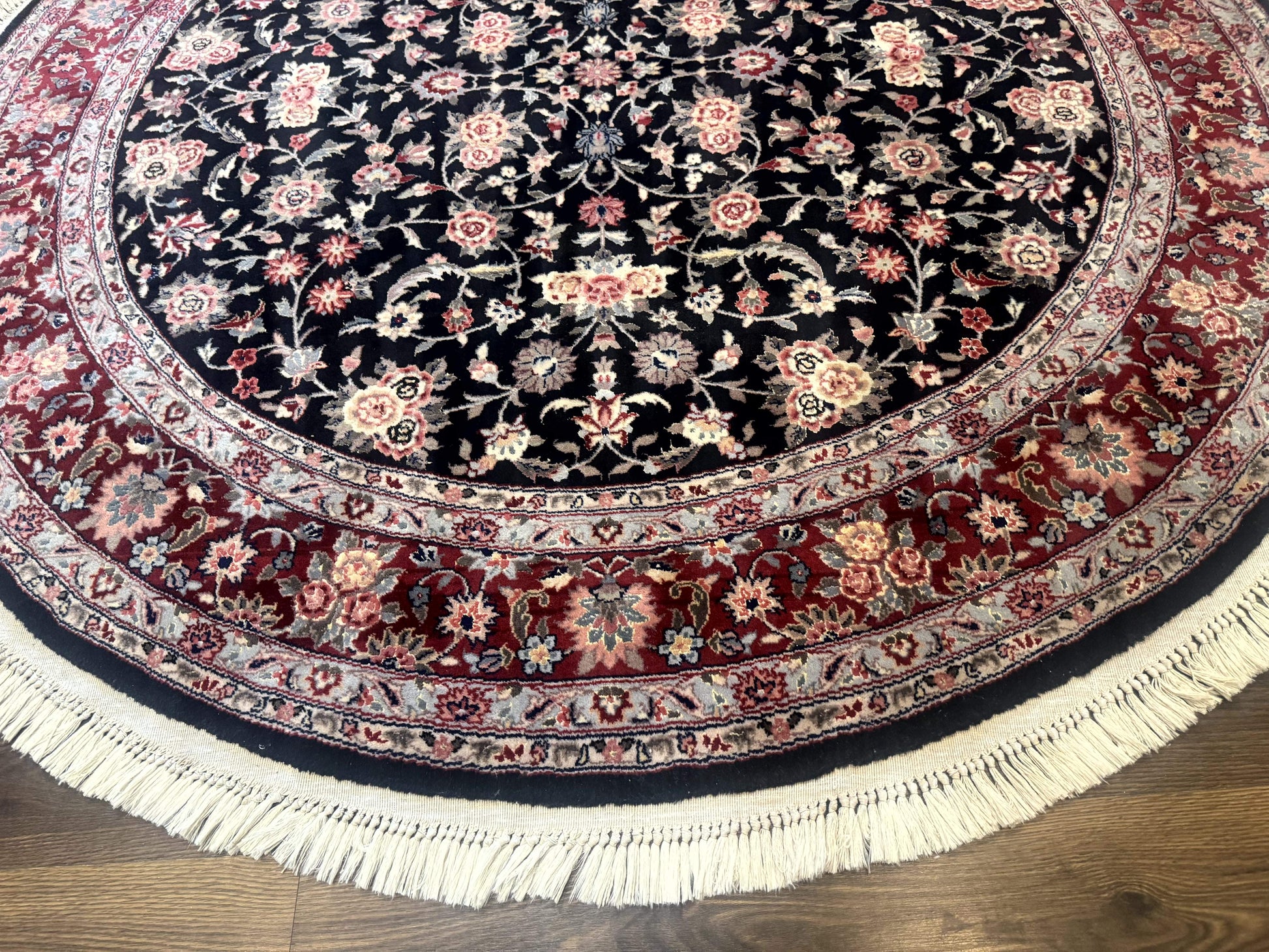 Round Sino Persian Rug 6x6, Floral, Navy Blue and Red, Wool and Silk Highlights - Nuvé