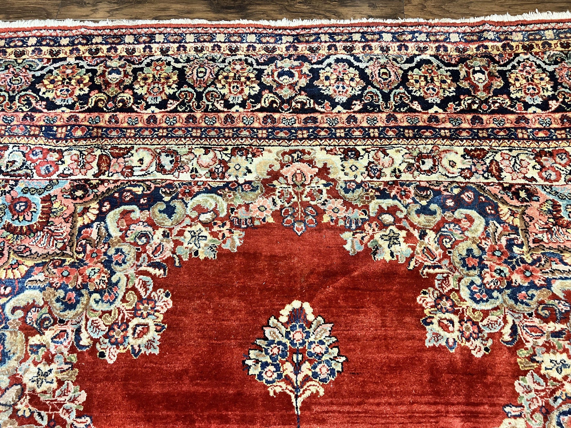 Persian Sarouk Rug 11x14, Semi Open Field, Large Antique Persian Wool Handmade Carpet, Red and Dark Blue, Floral - Nuvé