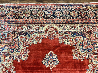 Persian Sarouk Rug 11x14, Semi Open Field, Large Antique Persian Wool Handmade Carpet, Red and Dark Blue, Floral - Nuvé