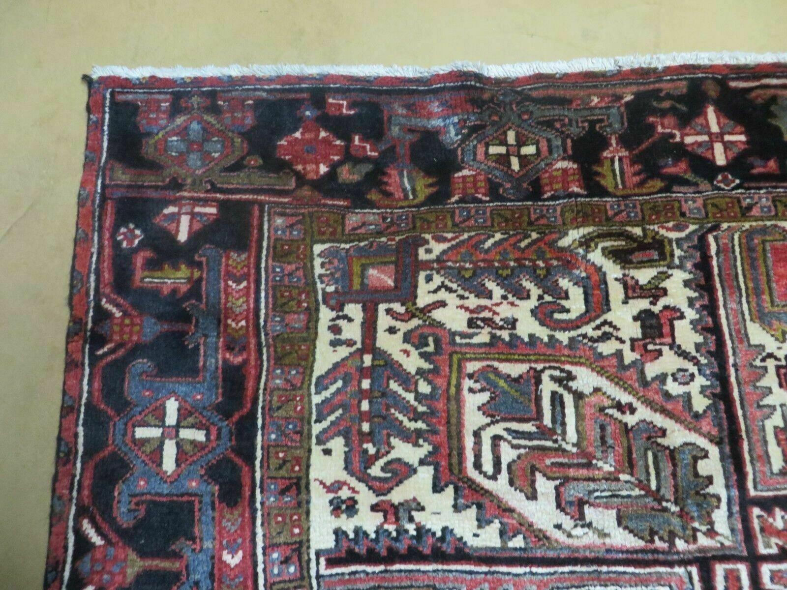 Persian Heriz Rug 8x12 Semi Antique Heriz Carpet, Room Sized Persian Carpet, Geometric Medallion, Wool, Hand Knotted, Red Ivory Dark Blue - Nuvé