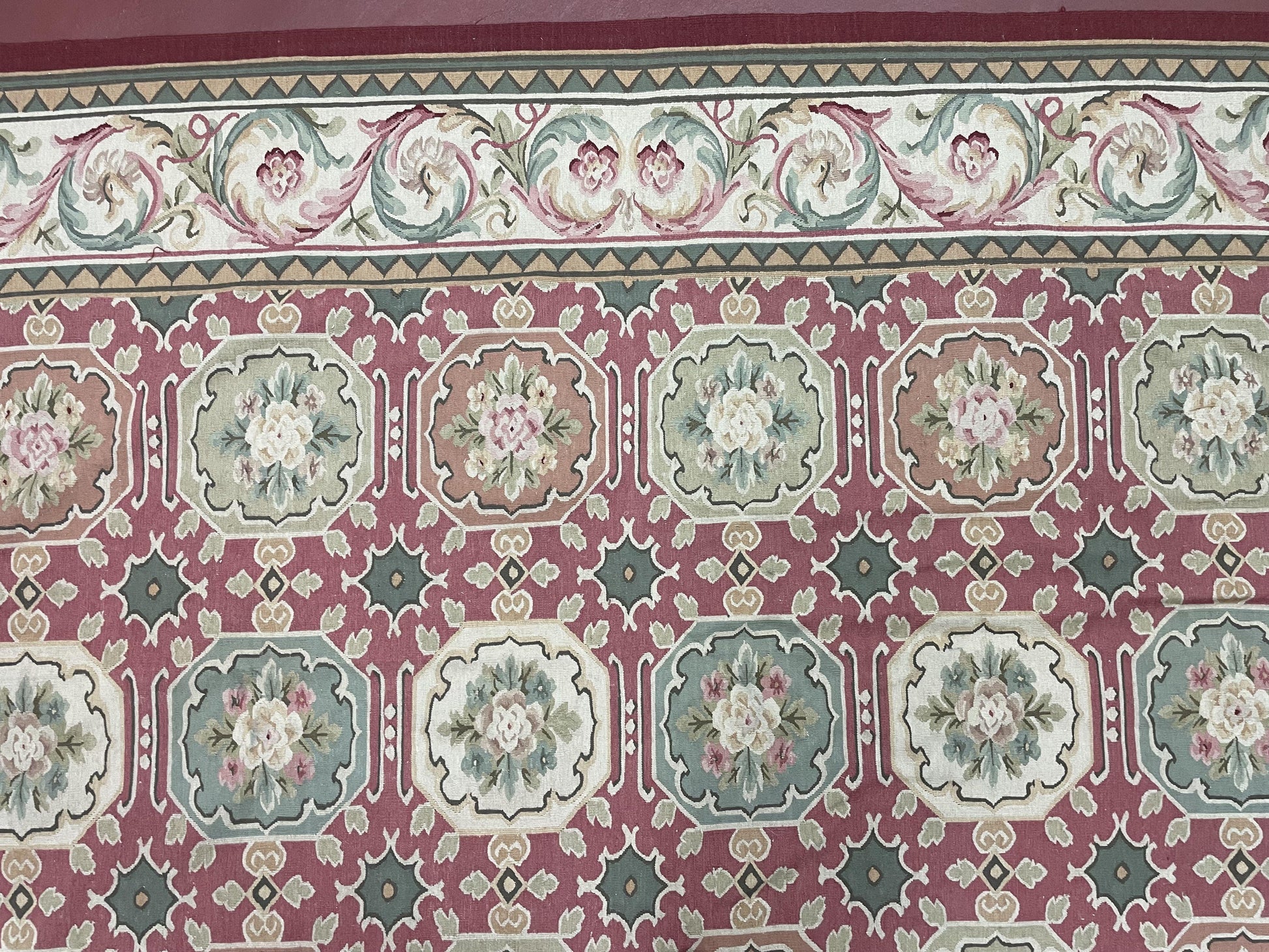 9x9 Square Rug Hand Knotted, Needlepoint Aubusson Carpet, Blush Red, Beige, Green, New, Mint Condition Area Rug, English European Design - Nuvé
