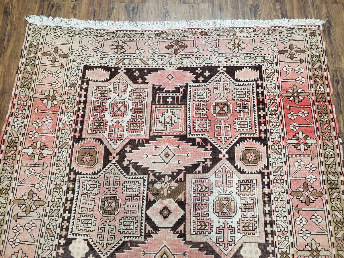 Antique Caucasian Rug 5' 5" x 10' 9", Shirvan Carpet, Wide Oriental Corridor Runner, Quality Handmade Hand-Knotted Wool Rug, Pale Pink Black