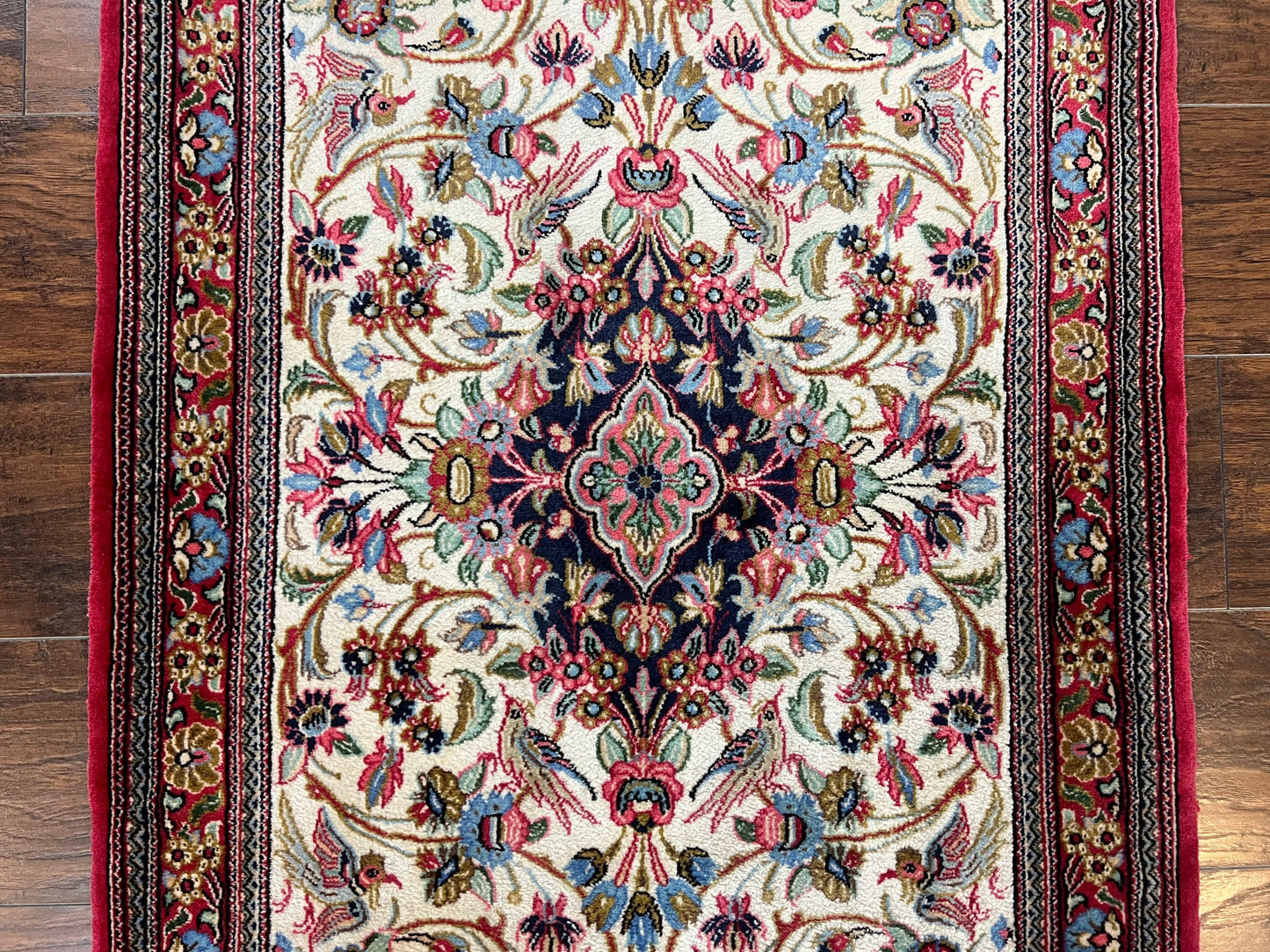 Wonderful Persian Qum Runner Rug 2.8 x 10 ft, Floral Medallions with Bird Motifs, Hand Knotted Wool Fine Oriental 10ft Hallway Runner, Cream Red - Nuvé