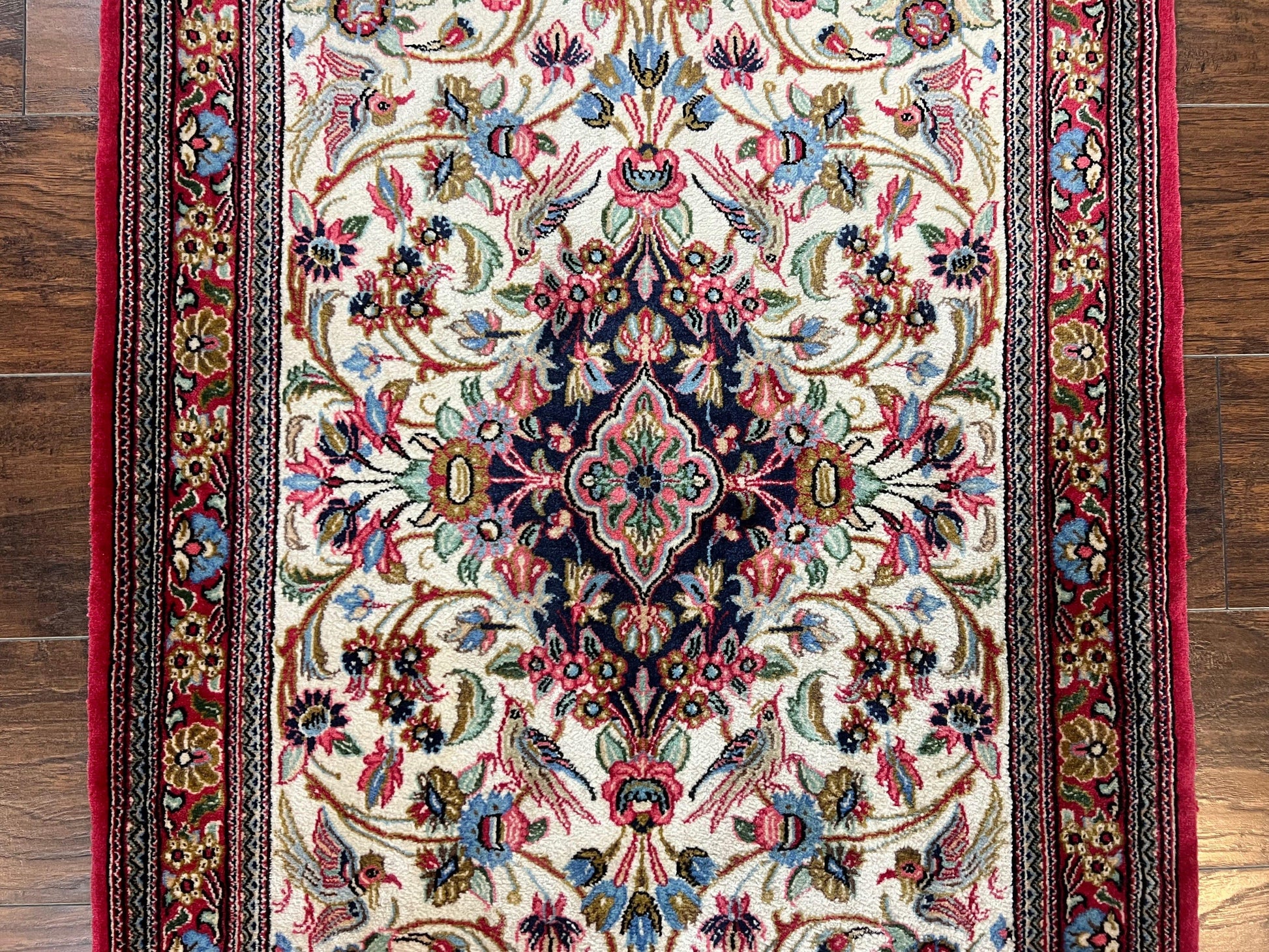 Wonderful Persian Qum Runner Rug 2.8 x 10 ft, Floral Medallions with Bird Motifs, Hand Knotted Wool Fine Oriental 10ft Hallway Runner, Cream Red - Nuvé