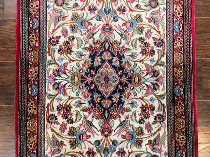 Wonderful Persian Qum Runner Rug 2.8 x 10 ft, Floral Medallions with Bird Motifs, Hand Knotted Wool Fine Oriental 10ft Hallway Runner, Cream Red - Nuvé