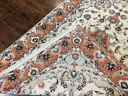 Persian Tabriz Rug 4.5  x 6.8, Finely Hand Knotted Wool with Silk Highlights Vintage Oriental Carpet, Cream and Salmon, High KPSI, Floral Medallion - Nuvé