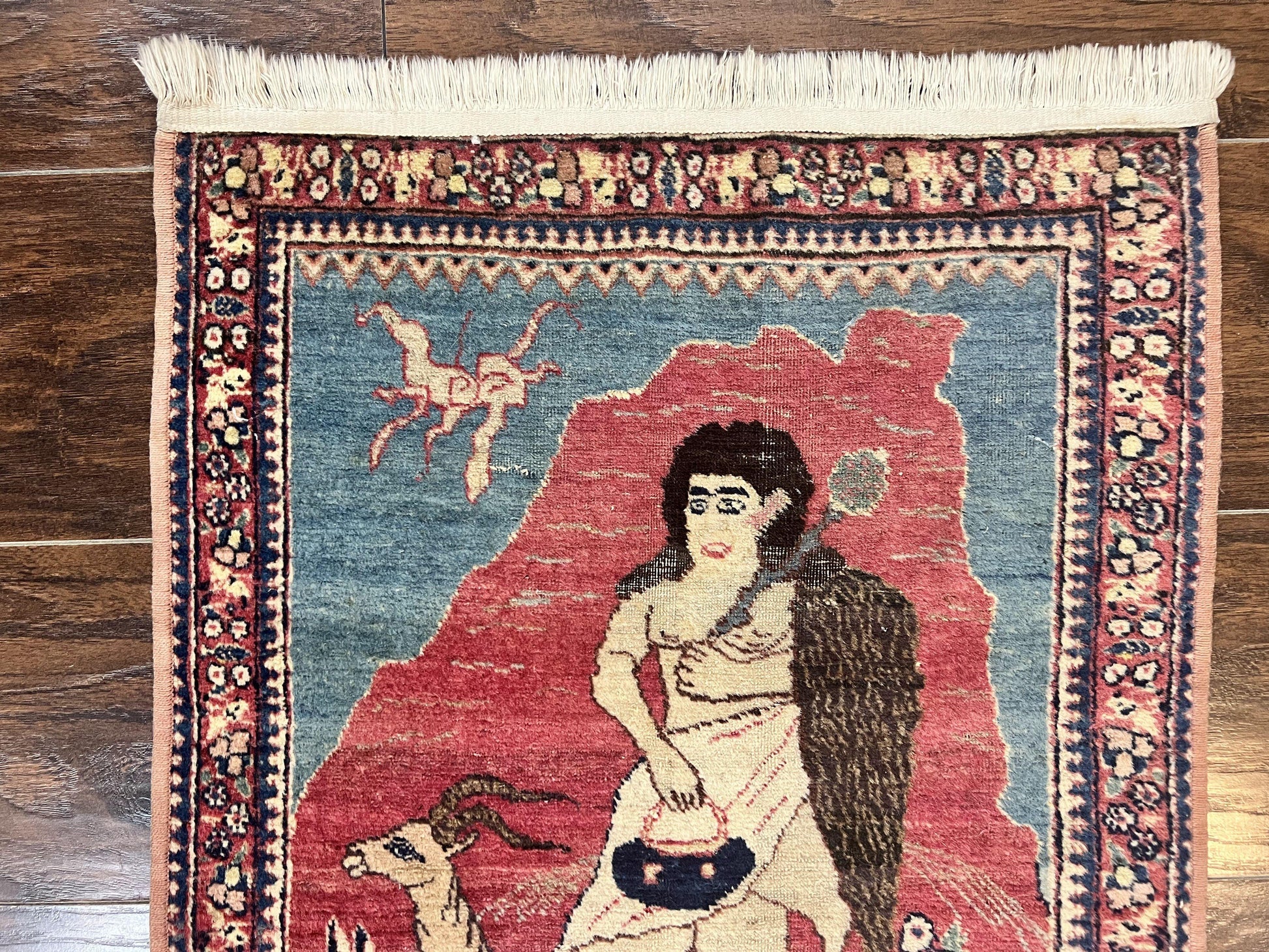 Antique Persian Kirman Rug 2 x 2.5, Small Hand Knotted Wool Carpet, Lavar Rug, Shepherd with Ram Pictorial Rug #1 - Nuvé