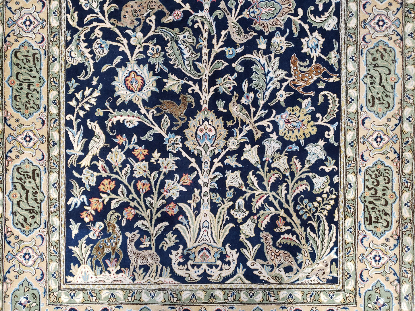Semi Antique Persian Qum Tree of Life Rug, Hand-Knotted, Wool, Midnight Blue and Tan, Animal Pictorials, Written Poem in Borders, 4' 8" x 7' 8" - Nuvé