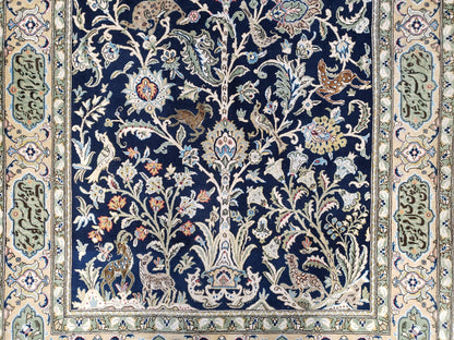 Semi Antique Persian Qum Tree of Life Rug, Hand-Knotted, Wool, Midnight Blue and Tan, Animal Pictorials, Written Poem in Borders, 4' 8" x 7' 8" - Nuvé