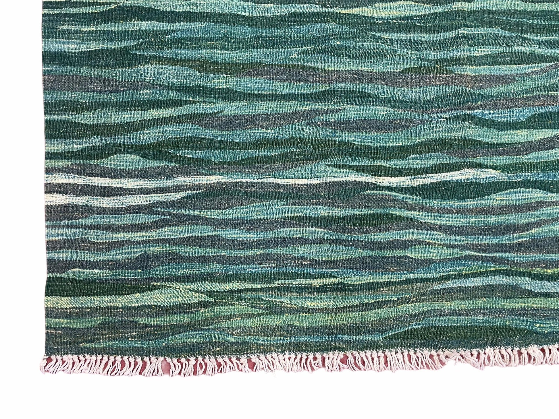 Sea Green Kilim Area Rug, White Blue Red Stripes, Russian Flag Rug, Flatweave Hand Knotted Carpet, Turkish Carpet, Wool, New, 5' 6" x 7' 10" - Nuvé