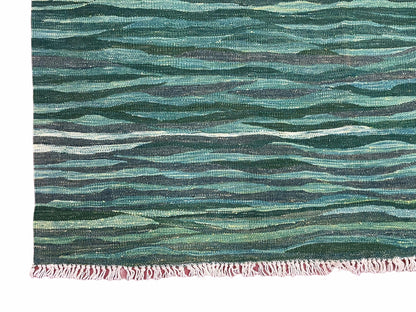 Sea Green Kilim Area Rug, White Blue Red Stripes, Russian Flag Rug, Flatweave Hand Knotted Carpet, Turkish Carpet, Wool, New, 5' 6" x 7' 10" - Nuvé