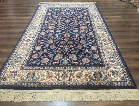 Karastan Rug #747, Indigo Tabriz 5.9 x 9, Wool Carpet Original 700 Series, Vintage Area Rug Allover Floral, Discontinued, Navy Blue Ivory - Nuvé