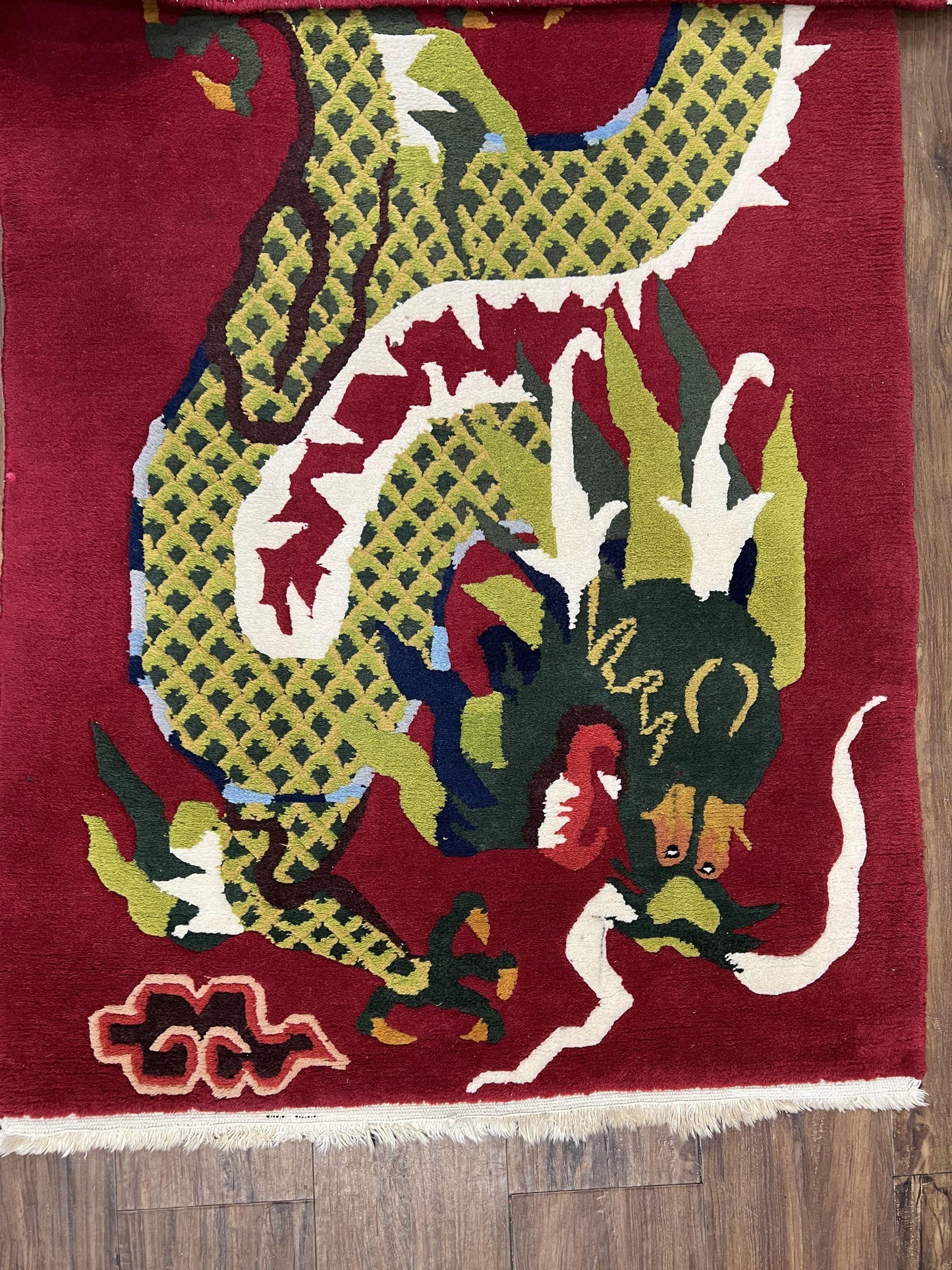 Vintage Chinese Dragon Rug 3 x 6.8, Handmade Hand Knotted Red Chinese Carpet with Gold Dragon, Art Deco Peking Soft Chinese Rug Runner - Nuvé