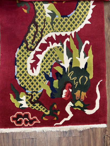 Vintage Chinese Dragon Rug 3 x 6.8, Handmade Hand Knotted Red Chinese Carpet with Gold Dragon, Art Deco Peking Soft Chinese Rug Runner
