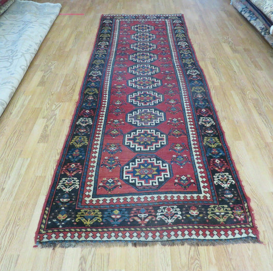 3' 3" X 10' Hand-Knotted Antique Handmade Caucasian Kazak Wool Runner Rug - Nuvé