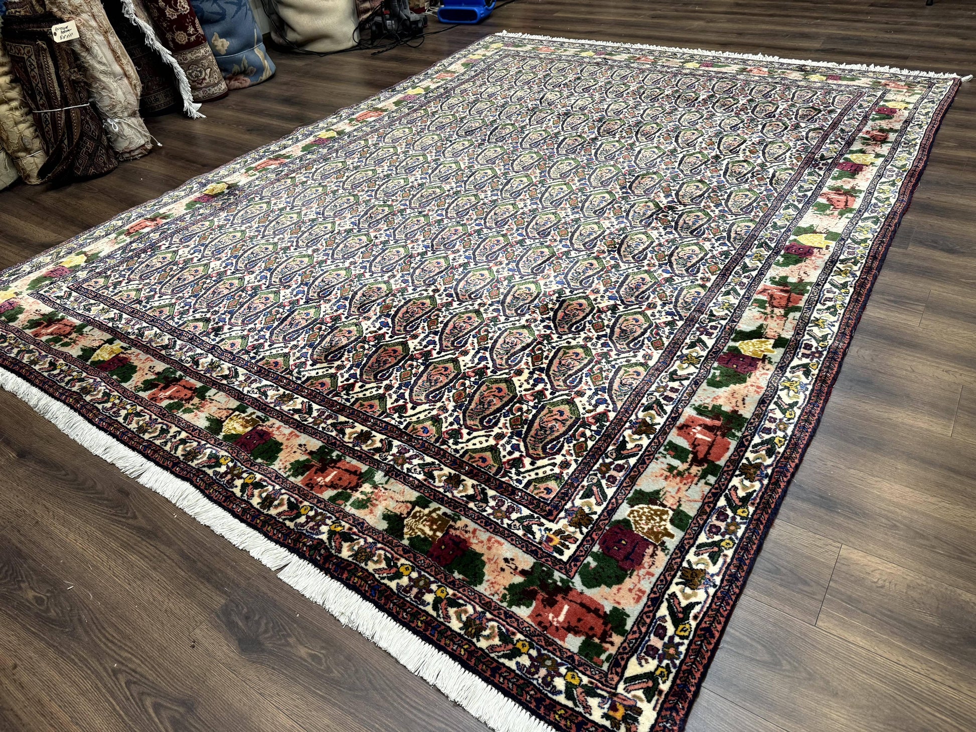 Persian Rug 8x11, Boteh Design, Repeated Paisleys, Persian Kurdish Rug, Bird Pictorials, Rare Antique Persian Kurdish Sannadaji Carpet - Nuvé