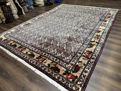 Persian Rug 8x11, Boteh Design, Repeated Paisleys, Persian Kurdish Rug, Bird Pictorials, Rare Antique Persian Kurdish Sannadaji Carpet - Nuvé