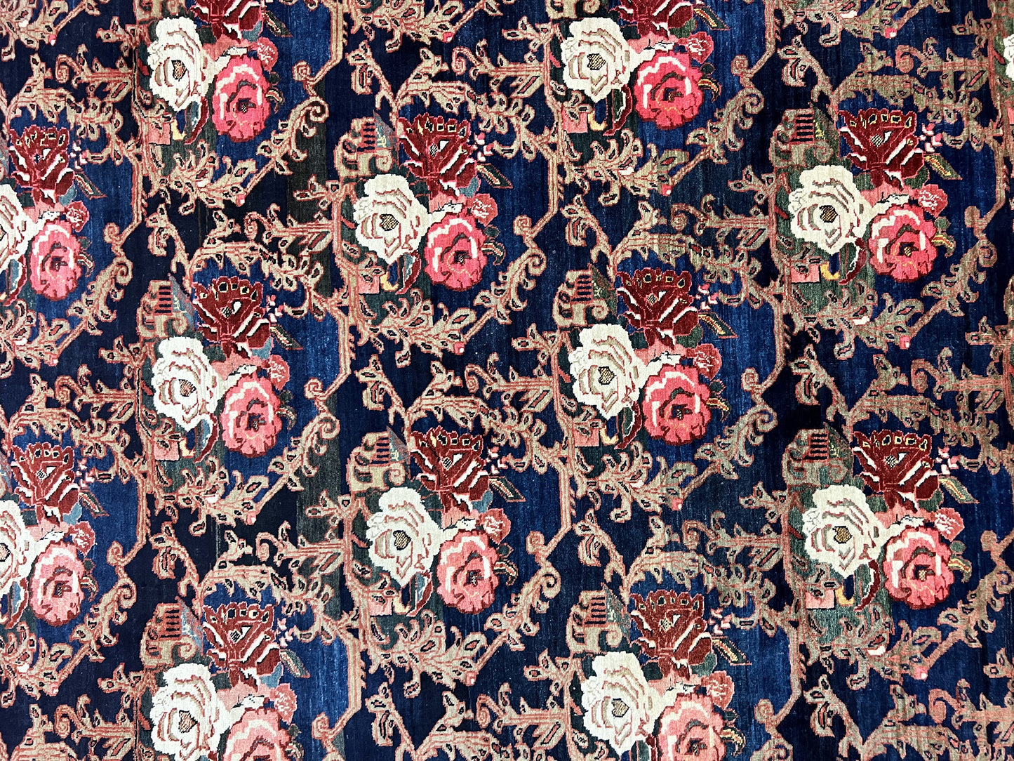 Persian Bidjar Rug 8x11, Floral Bouquets, Blue Black Red Pink, Handmade Hand Knotted Vintage Semi Antique Oriental Carpet