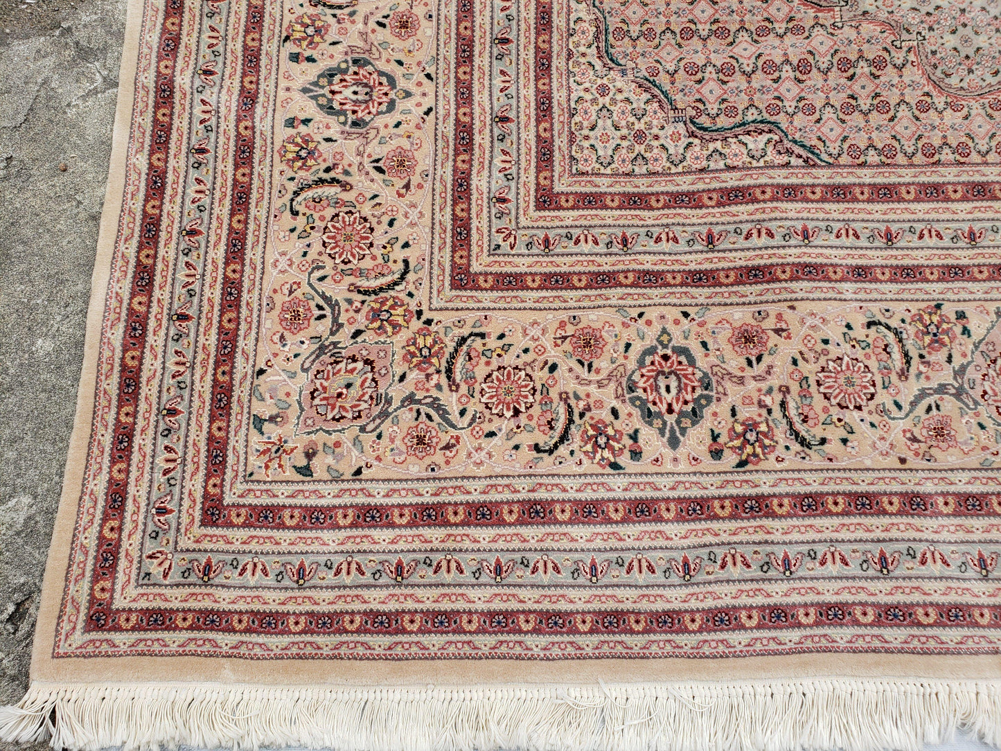 Stunning Oversized Sino Persian Oriental Rug 12x15, Hand Knotted Wool & Silk Palace Sized Carpet, Mahi Pattern, Very Fine, Peach Beige, Wow - Nuvé