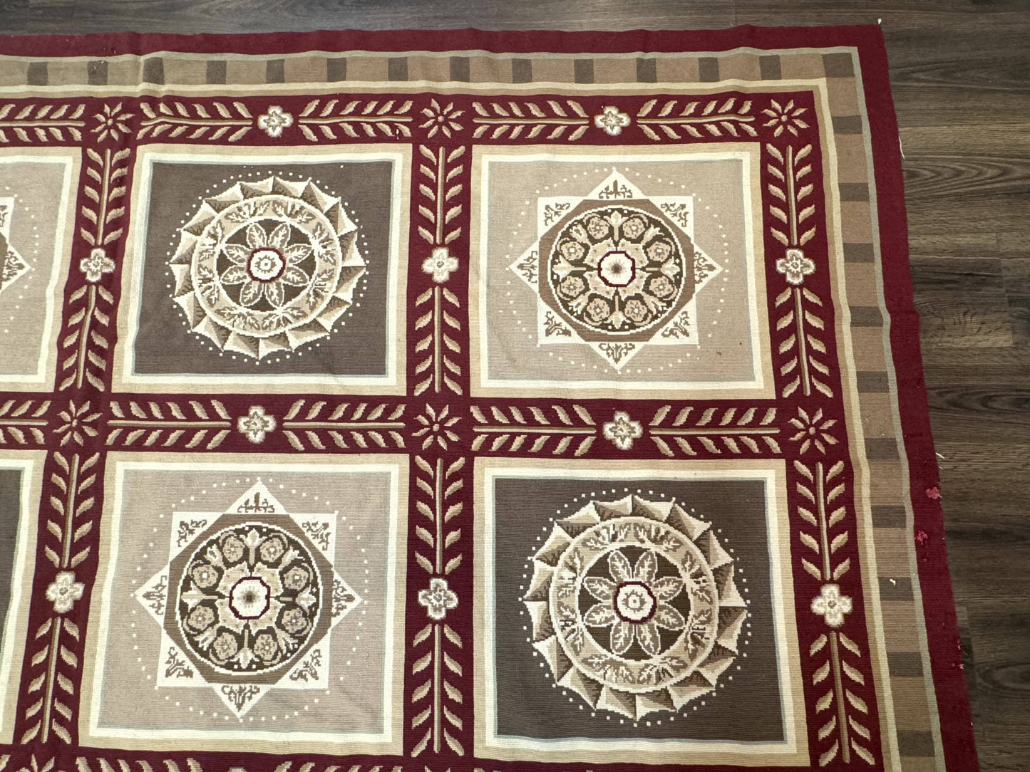 Needlepoint Rug 9x12, Panel Design, Burgundy Taupe, Elegant - Nuvé