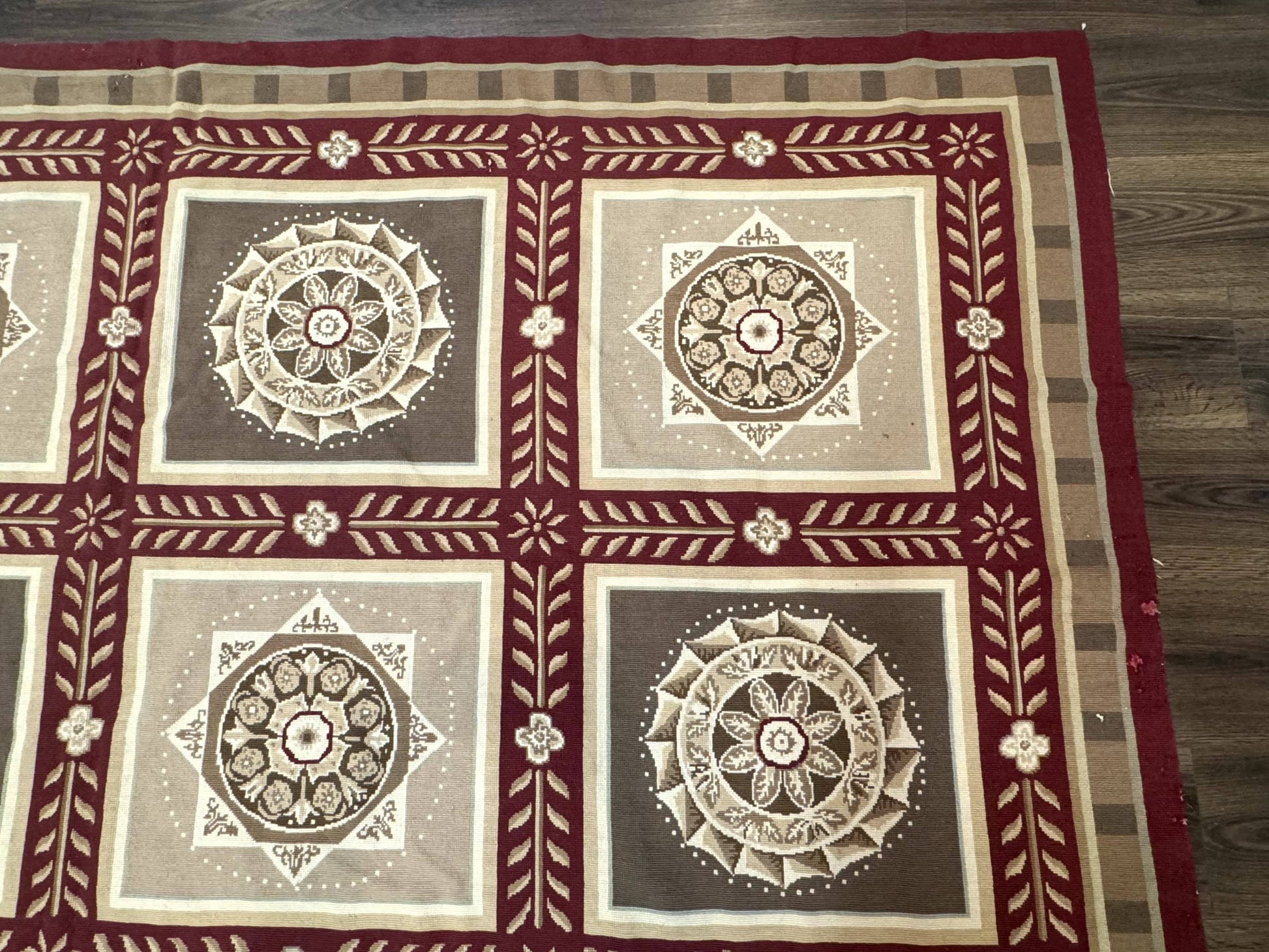 Needlepoint Rug 9x12, Panel Design, Burgundy Taupe, Elegant - Nuvé