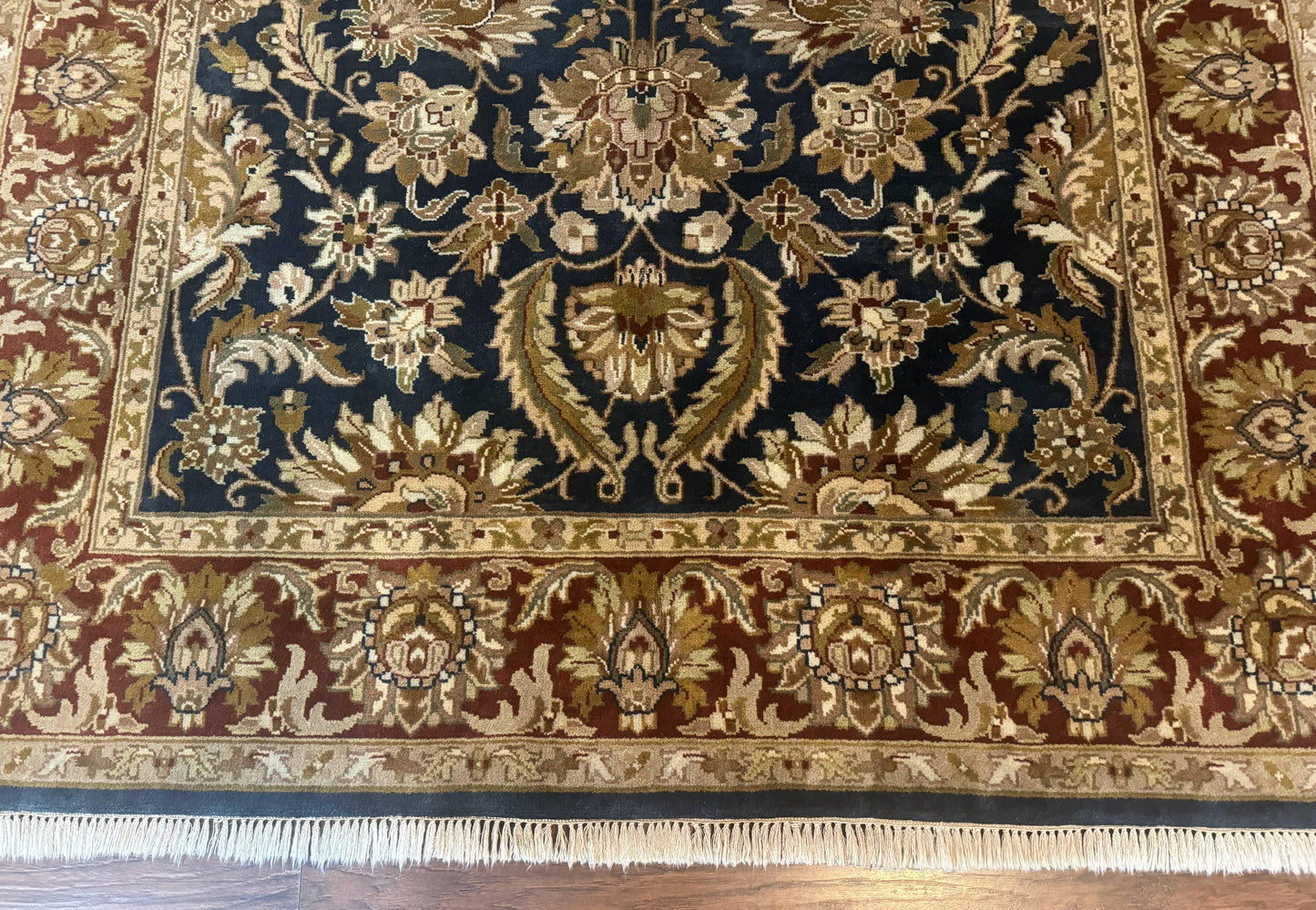 Indian Agra Rug 6x9, Floral, Traditional Rug, Dark Green Maroon Tan