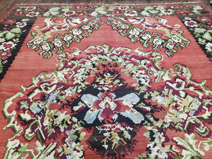 Karabakh Rug 8x11, Caucasian Kilim Rug, Vintage Antique Turkish Anatolian Azerbaijani Carpet, Wool Red & Black Hand-Woven 8 x 11 Living Room - Nuvé