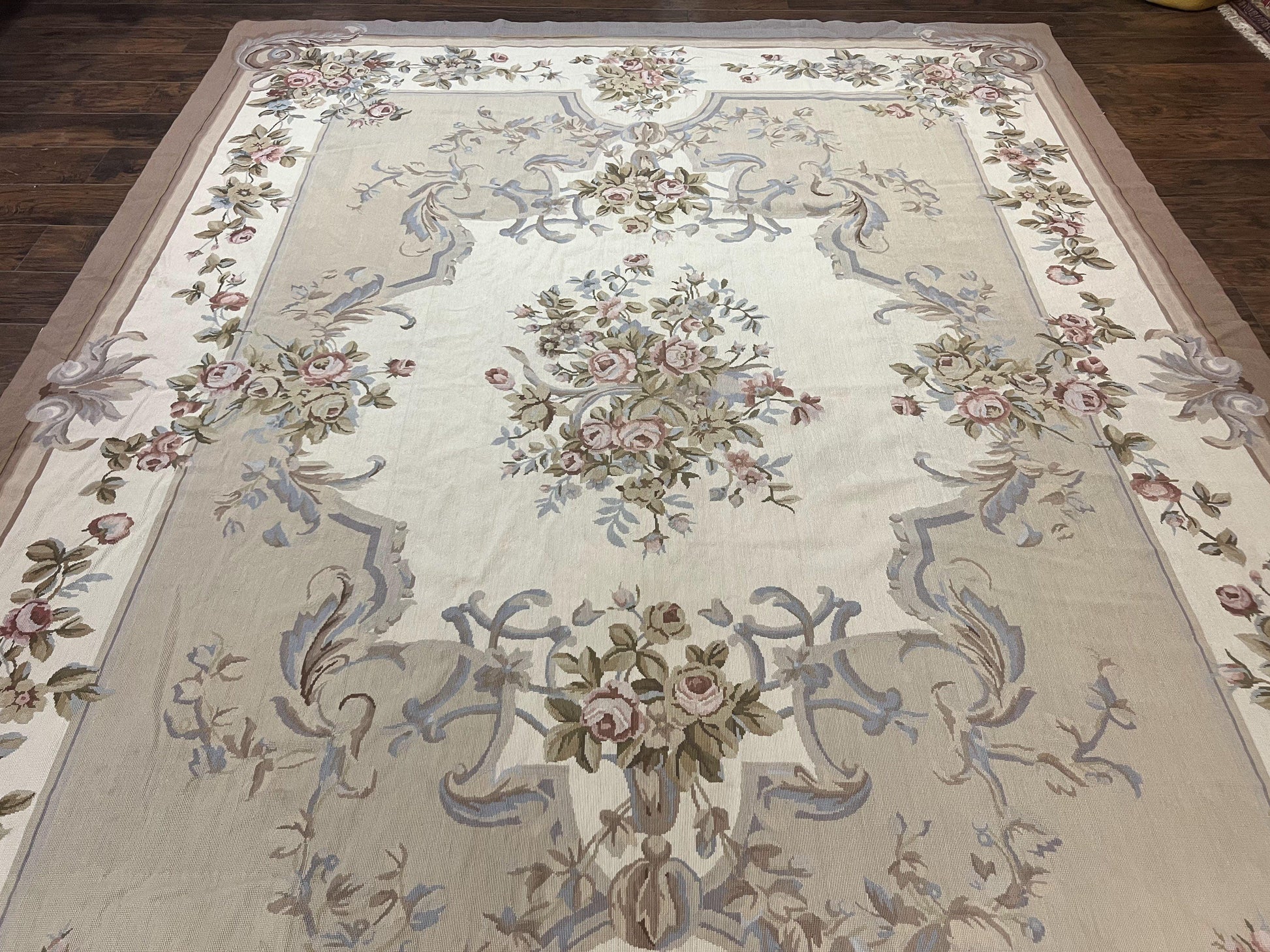 Aubusson Needlepoint Rug 9x12, VIntage Handmade Wool Beige Floral European Elegant Rug 9 x 12, Floral Roses - Nuvé