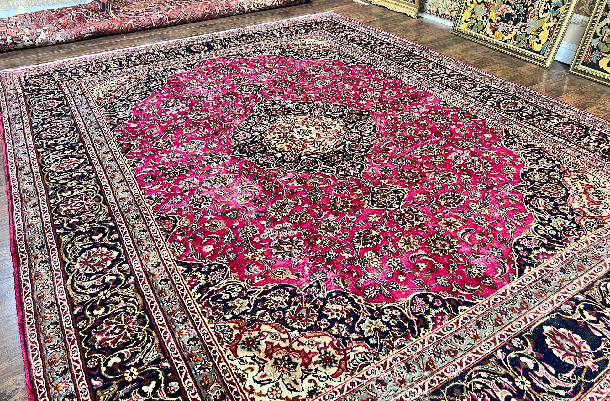 Persian Rug 10x13, Wool Hand Knotted Antique Kashmar Carpet, Raspberry Red & Navy Blue, Floral Medallion, Traditional Oriental Rug 10 x 13 - Nuvé