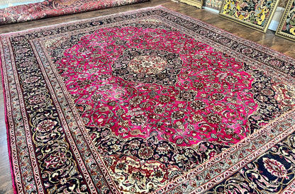 Persian Rug 9' 9" x 12' 6", Wool Hand Knotted Antique Carpet, Raspberry Red & Navy Blue, Floral Medallion, Traditional Oriental Rug