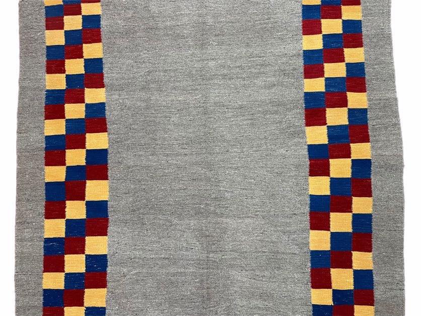 Gray Kilim Carpet, Yellow, Red, Blue Checkerboard Pattern, Flatweave, New, Geometric, Hand-Knotted, Wool, Turkish Area Rug, 5' 9" x 7' 9" - Nuvé
