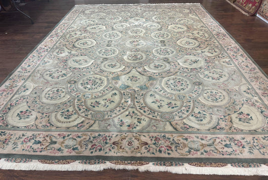 Pak Persian Rug 9x12, Wool with Silk Highlights, European Design, Floral, Green - Nuvé