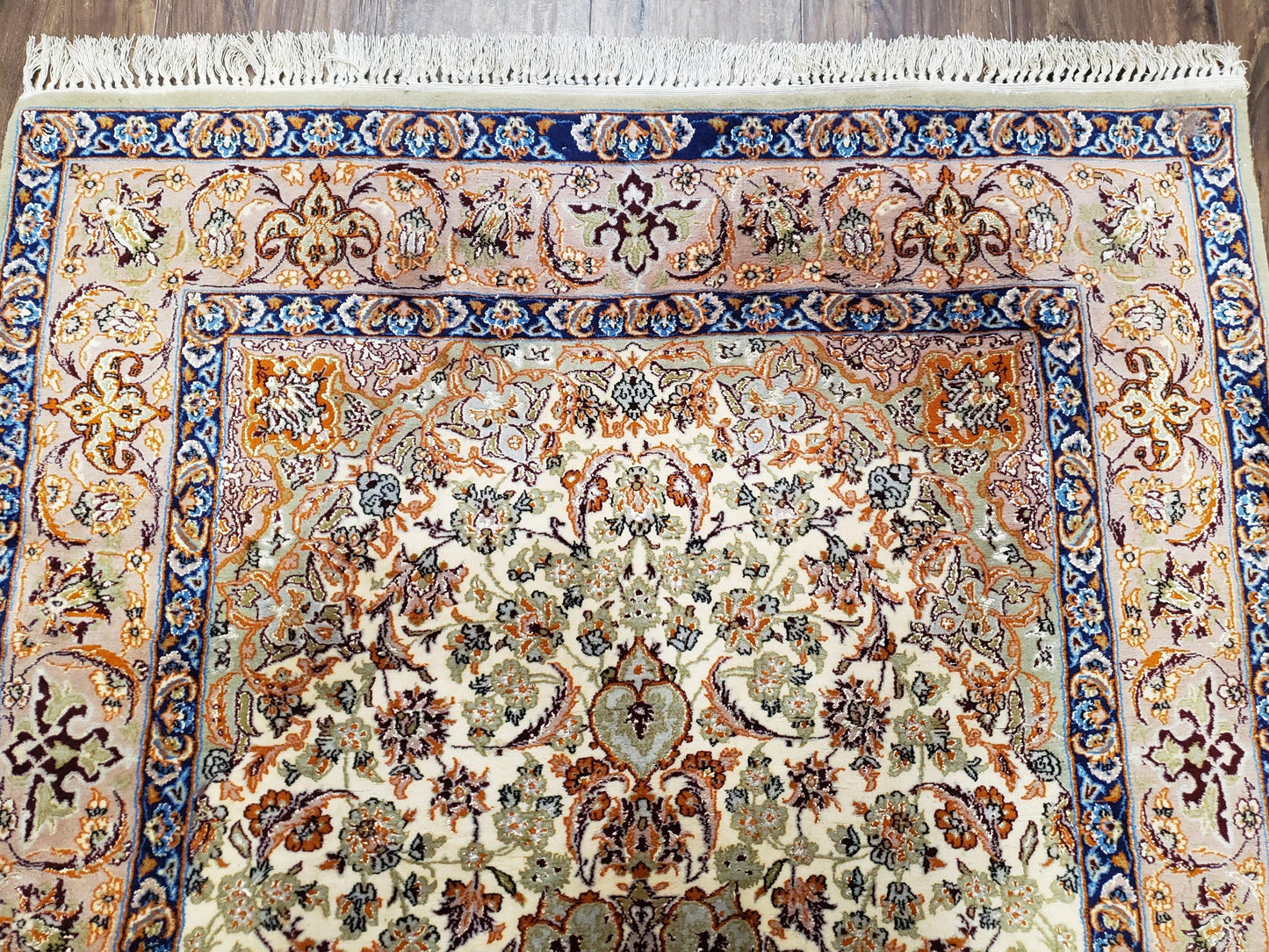 Vintage Persian Isfahan Lachak Toranj Rug, Highly Detailed, Kork Wool on Silk Foundation, Beige and Dark Blue, Hand-Knotted, 3'6" x 5' 4" - Nuvé