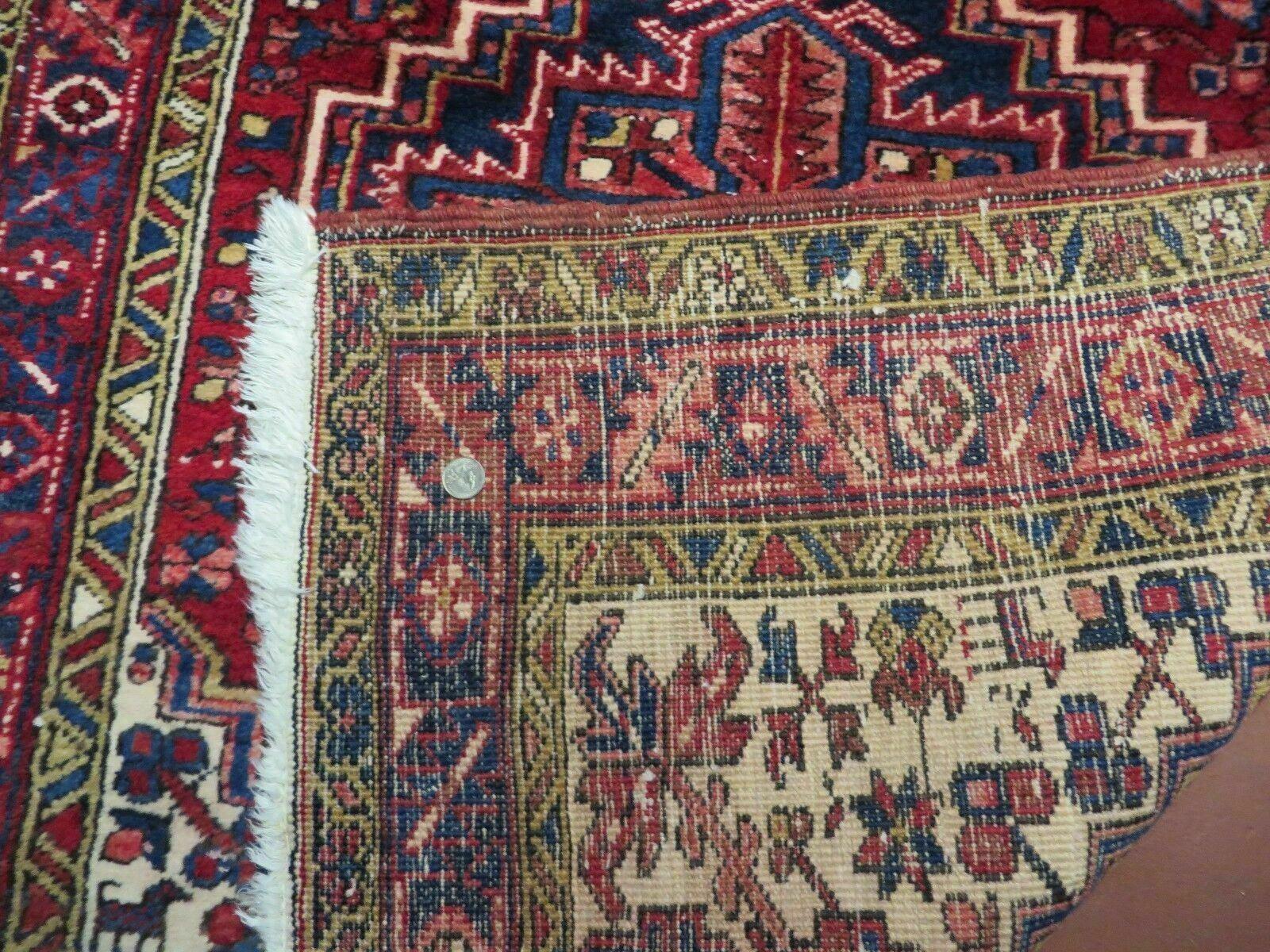 Persian Runner Rug, Heriz Runner Rug, Geometric Medallions, Red Cream Navy Blue Wool Hallway Rug 3.9 x 10.8 Antique Oriental Runner Handmade - Nuvé