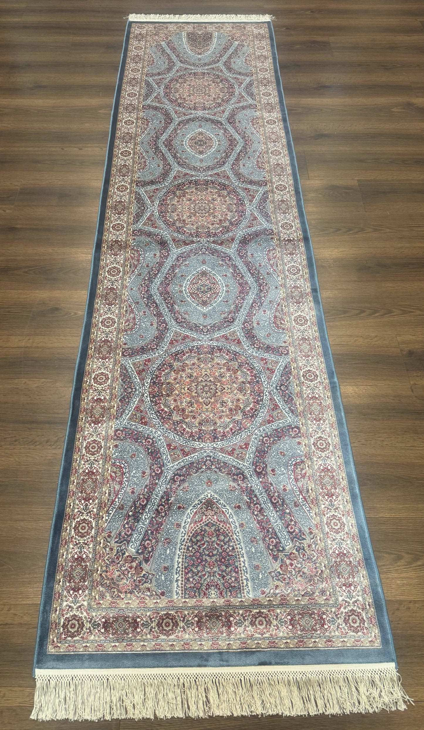 Turkish Silk Runner Rug 2.6 x 10, Light Blue Carpet, Bamboo Silk, New - Nuvé