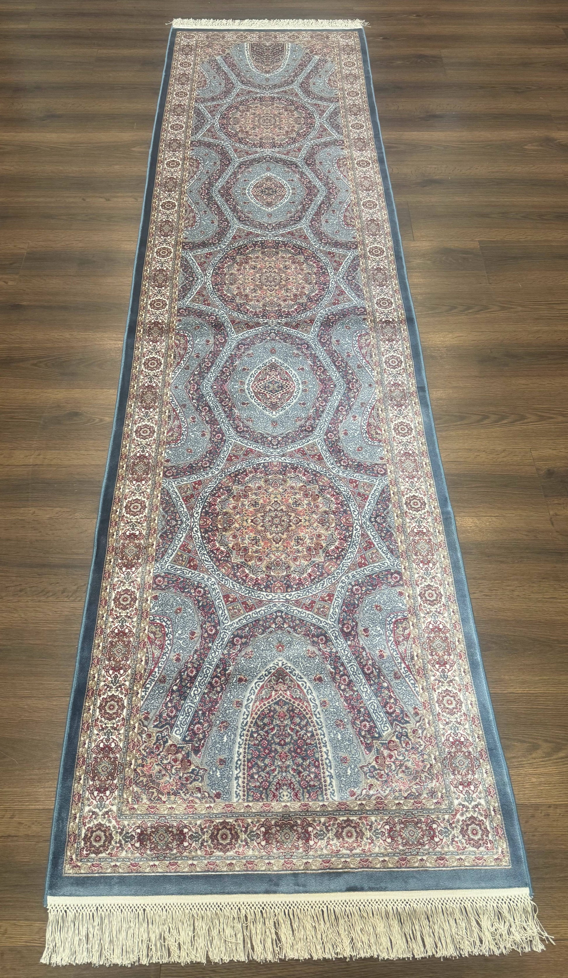 Turkish Silk Runner Rug 2.6 x 10, Light Blue Carpet, Bamboo Silk, New - Nuvé