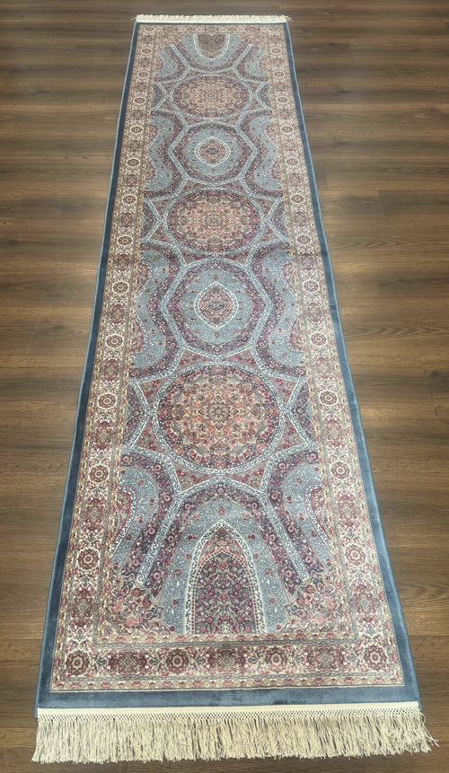 Turkish Silk Runner Rug 2.6 x 10, Light Blue Carpet, Bamboo Silk, New - Nuvé