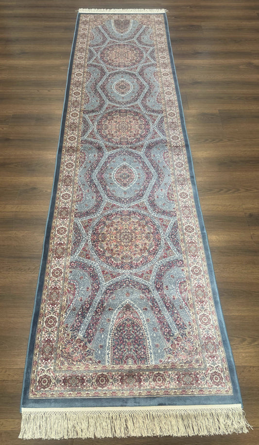 Turkish Silk Runner Rug 2.6 x 10, Light Blue Carpet, Bamboo Silk, New - Nuvé