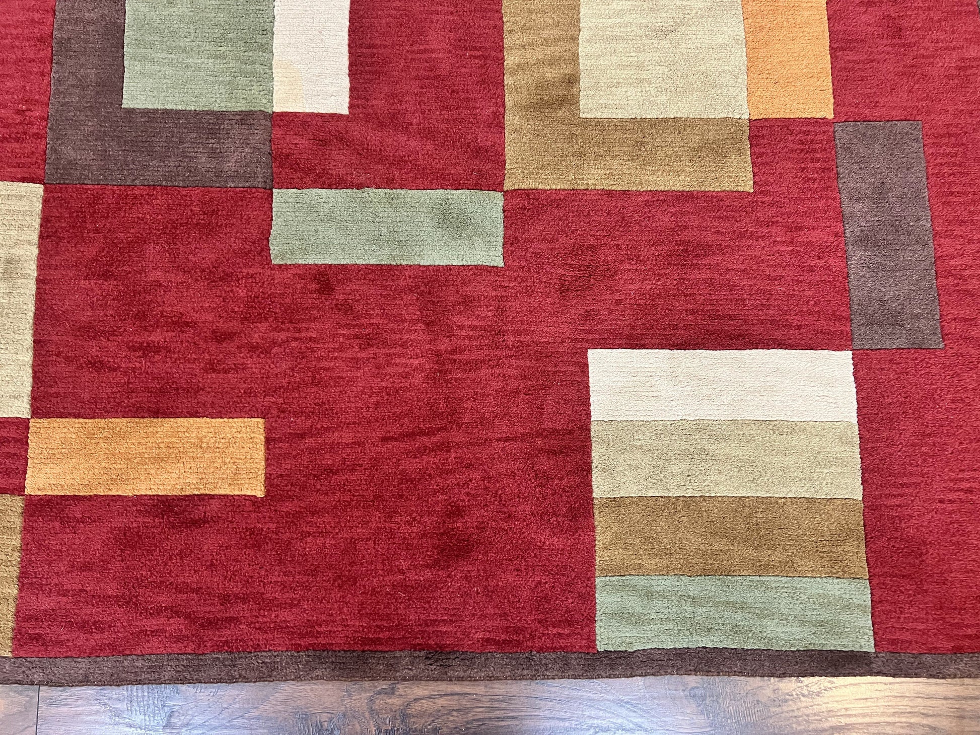 Indo Tibetan Modern Rug 5x8, Abstract Rug 5 x 8 ft, Red Multicolor Wool Handmade Contemporary Area Rug - Nuvé