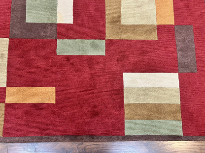 Indo Tibetan Modern Rug 5x8, Abstract Rug 5 x 8 ft, Red Multicolor Wool Handmade Contemporary Area Rug - Nuvé