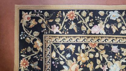 6x9 Vintage Needlepoint Rug Petitepoint Carpet Butterflies Floral Design Dark Brown & Tan 6 x 9 Handmade Flatweave Area Rug - Nuvé