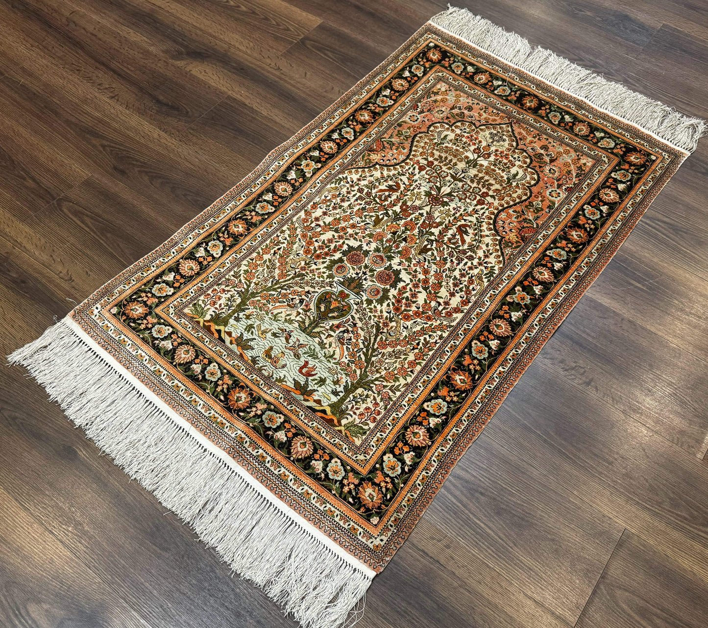 Exceptional Silk Rug 2.6 x 4, Very Fine 630 KPSI, Persian Vase Tree of Life Bird Pictorials, Handmade - Nuvé