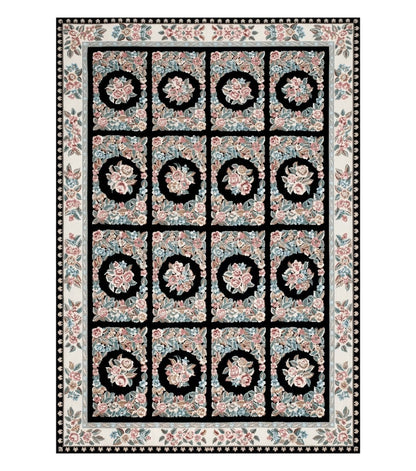 Floral Needlepoint Rug 9.5 x 13.6, Floral Panel Design, Black and Ivory Flatweave Aubusson Carpet, Multicolor