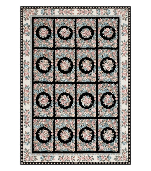 Floral Needlepoint Rug 9.5 x 13.6, Floral Panel Design, Black and Ivory Flatweave Aubusson Carpet, Multicolor