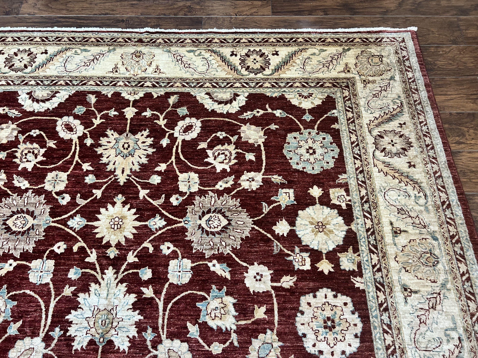 Peshawar Rug 9x11, Pakistani Oriental Carpet, Maroon and Beige, Floral Allover, Wool Hand Knotted Handmade Vintage Rug - Nuvé