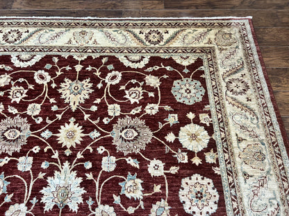 Peshawar Rug 9x11, Pakistani Oriental Carpet, Maroon and Beige, Floral Allover, Wool Hand Knotted Handmade Vintage Rug - Nuvé